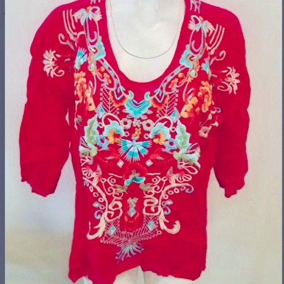 Johnny Was Tops - Johnny Was Elaborately Embroidered Fuchsia Top XS